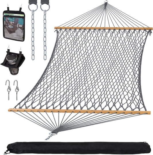 Double Outdoor Hammock, Polyester Rope Hammock with Strong Spreader Bar, Gray