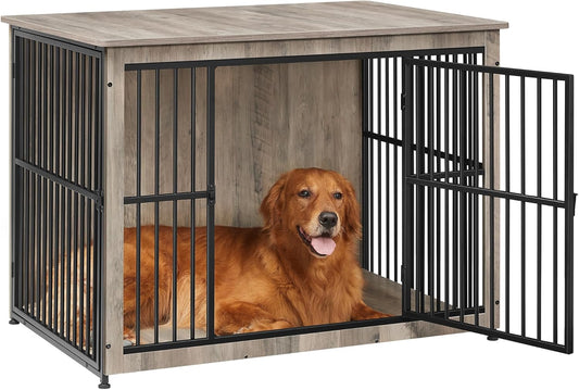 Dog Crate Furniture, 43.3" Side End Table, Modern Kennel for Dogs Indoor up to 80 Lb, Heavy-Duty Dog Cage with Enclosed Base, Double-Door Dog House, Greige UPFC024G01