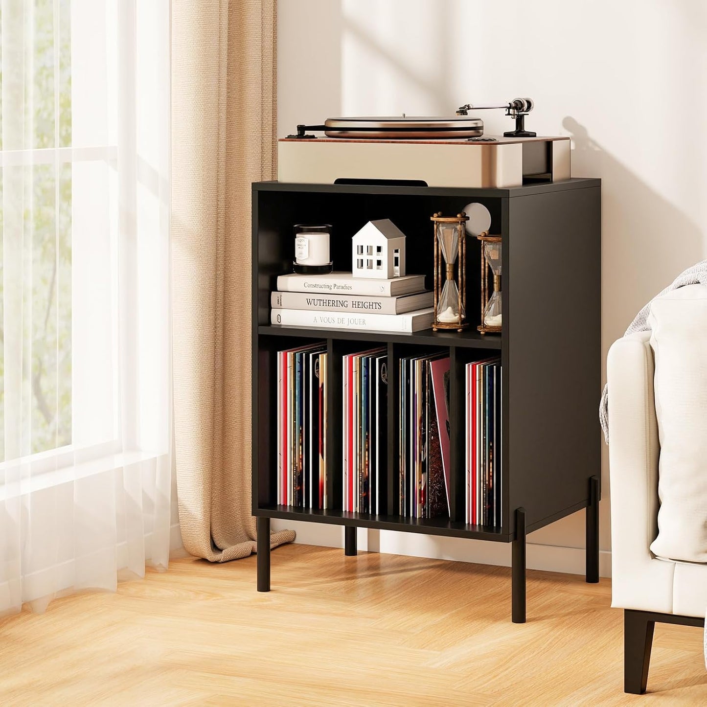 Record Player Stand, Turntable Side Table Nightstand W/Charging Station & Vinyl Record Storage Cabinet Holds up to 150 Albums, Record Player Holder for Living Room (Black, 31" H)