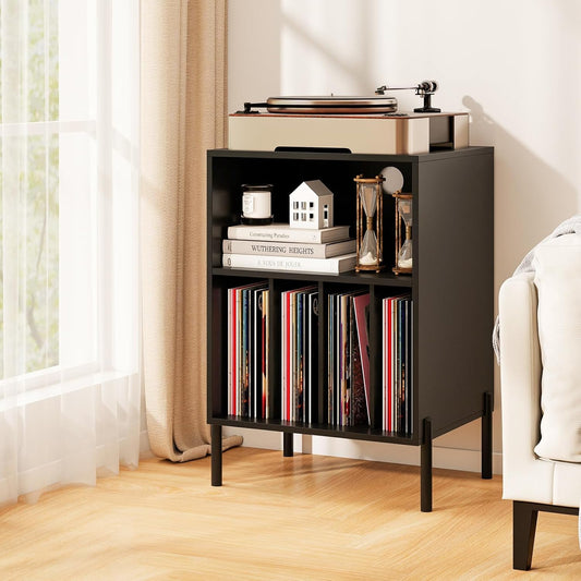 Record Player Stand, Turntable Side Table Nightstand W/Charging Station & Vinyl Record Storage Cabinet Holds up to 150 Albums, Record Player Holder for Living Room (Black, 31" H)