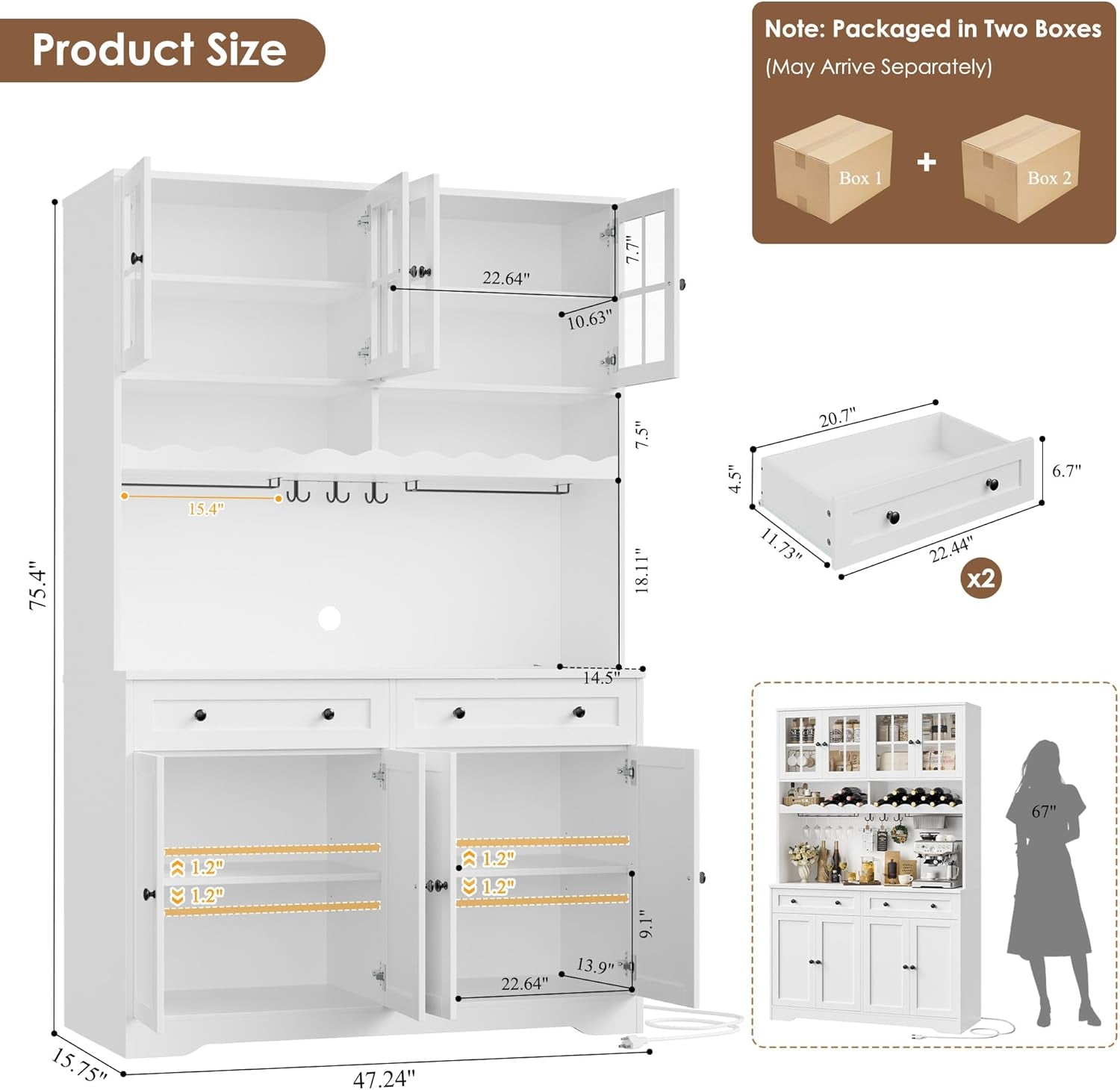 75.4" Tall Kitchen Pantry Cabinet with Charging Station, Modern White Kitchen Hutch with Microwave Stand and Wine Racks, Large Food Pantry Storage Cabinet with Glass Doors and Drawers, White