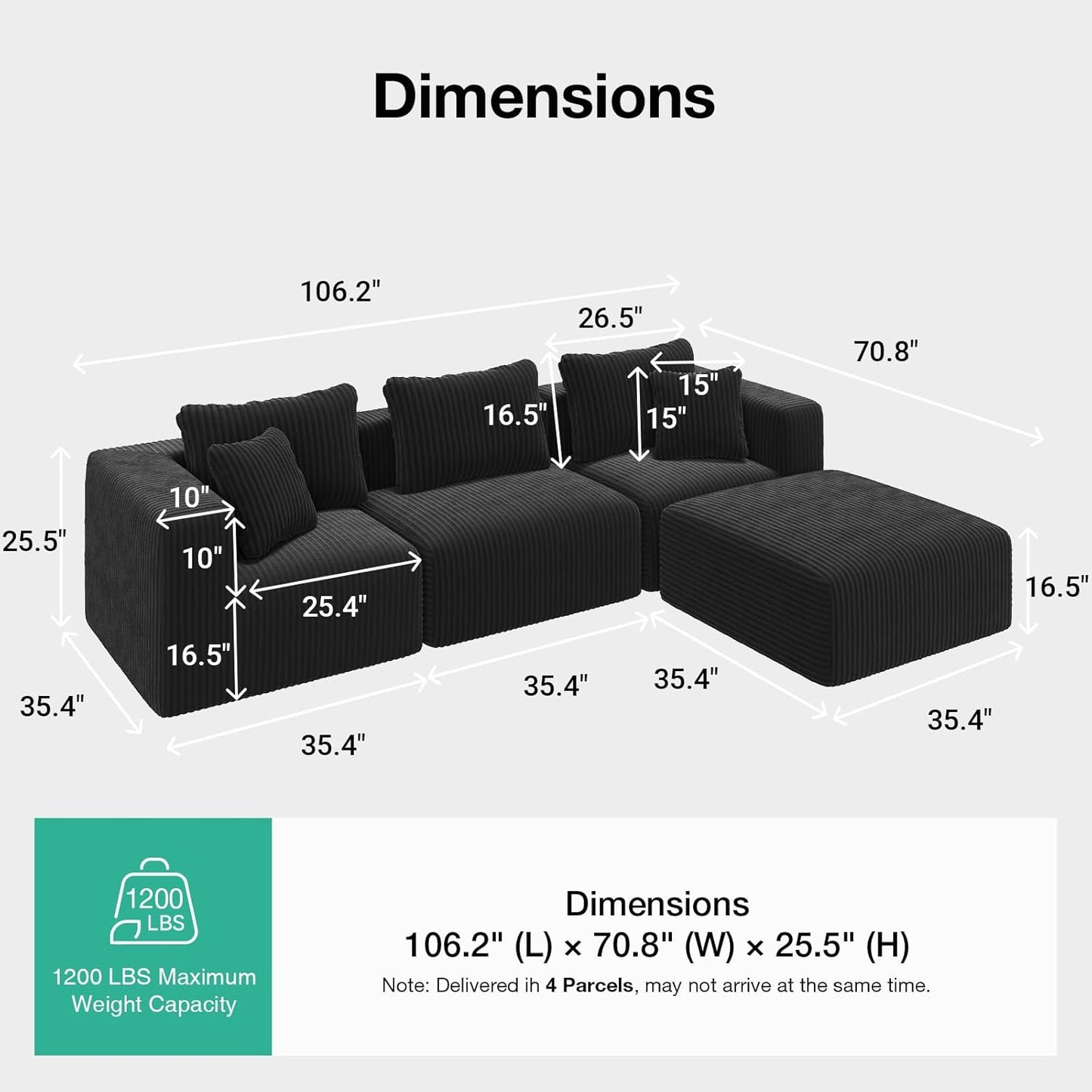 106" Modular Sectional Sofa, Modern Cloud Sectional Couch with Smarts Coil™ Support, L-Shape Boneless Couch for Living Room Apartments Bedroom, No Assembly Required (3 Seater + 1 Ottoman)