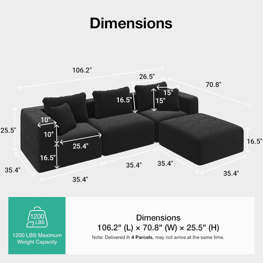 106" Modular Sectional Sofa, Modern Cloud Sectional Couch with Smarts Coil™ Support, L-Shape Boneless Couch for Living Room Apartments Bedroom, No Assembly Required (3 Seater + 1 Ottoman)