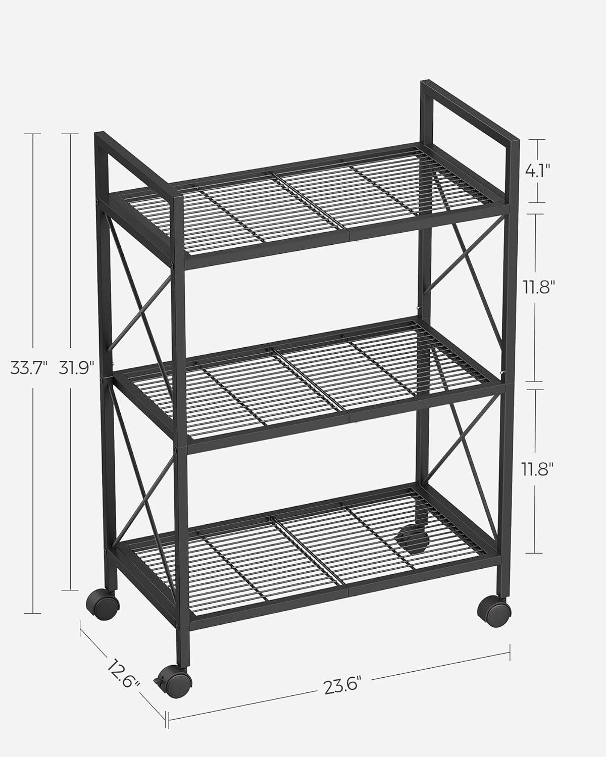 3-Tier Metal Storage Rack with Wheels, Mesh Shelving Unit with X Side Frames, 23.6-Inch Width, for Entryway, Kitchen, Living Room, Bathroom, Industrial Style, Black UBSC163B01