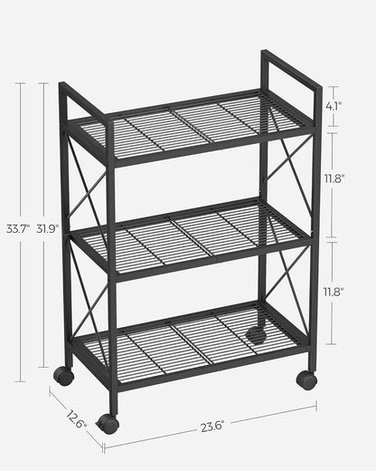 3-Tier Metal Storage Rack with Wheels, Mesh Shelving Unit with X Side Frames, 23.6-Inch Width, for Entryway, Kitchen, Living Room, Bathroom, Industrial Style, Black UBSC163B01