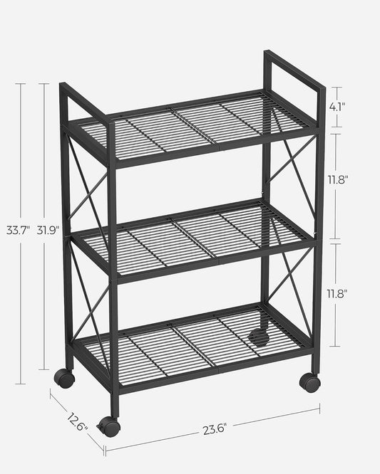 3-Tier Metal Storage Rack with Wheels, Mesh Shelving Unit with X Side Frames, 23.6-Inch Width, for Entryway, Kitchen, Living Room, Bathroom, Industrial Style, Black UBSC163B01