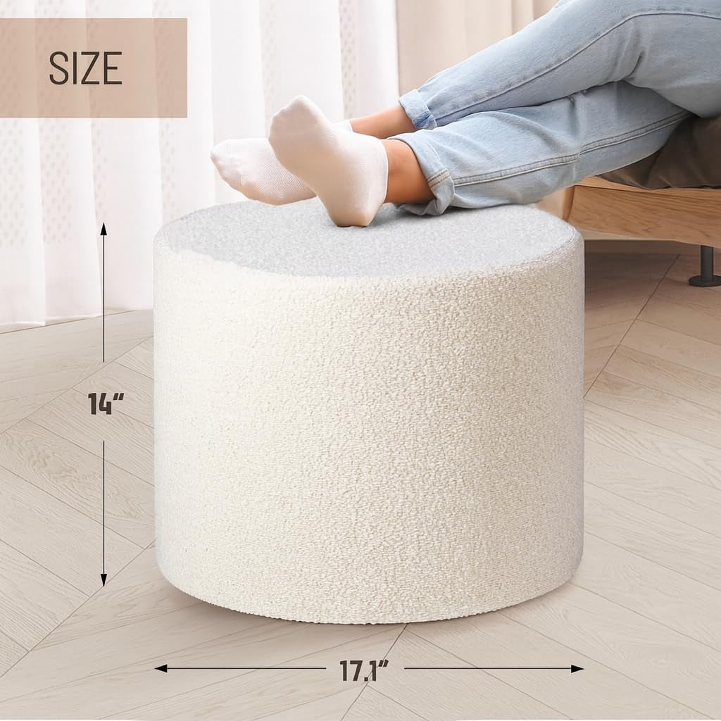 Round Pouf Ottoman and Foot Rest, Soft Boucle Footstool Ottomans for Living Room, Comfort Sponge Stuffed Poofs for Couch Desk Resting Your Feet, White(17.1" D X 17.1" W X 14" H)