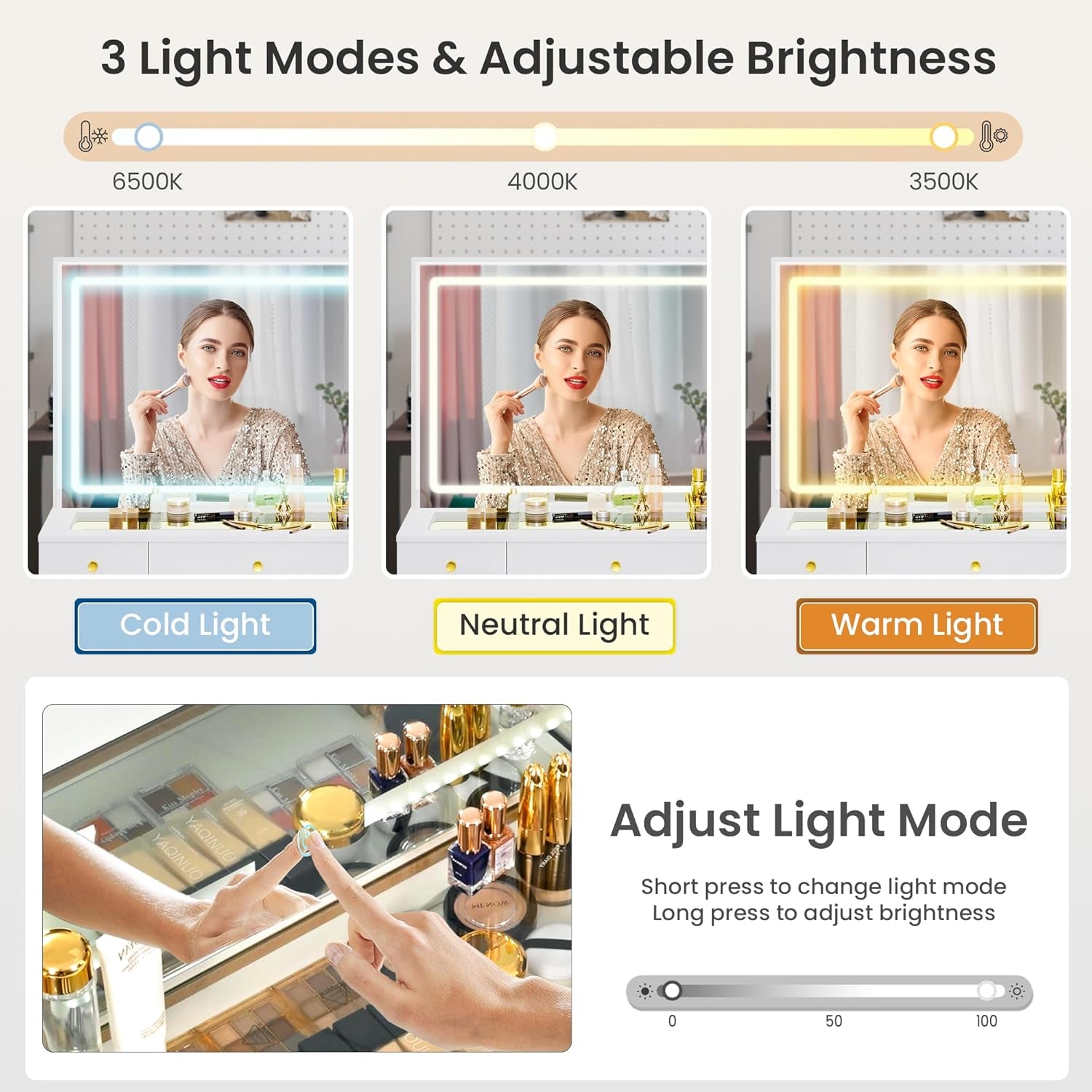 Makeup Vanity with Crystal Knobs, Glass Top Vanity Desk with Mirror and Lights, Power Outlet, Drawers and Cabinet, 3 Lighting Color Adjustable Dressing Table, Upgraded Silent Slides, White