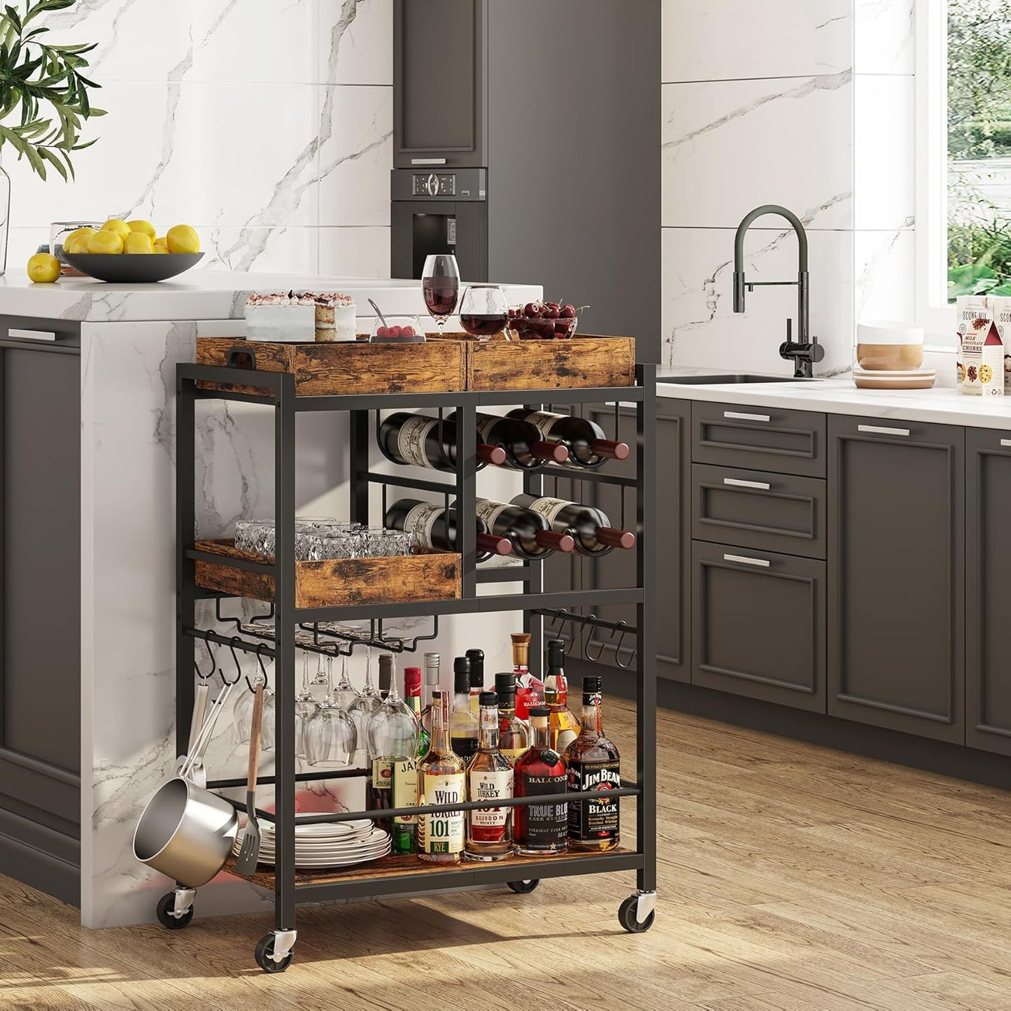 Bar Cart, Home Bar Serving Cart, 3-Tier Kitchen Cart on Wheels, Rolling Beverage Cart with Wine Rack and Glass Holder, Brown BC01BB037