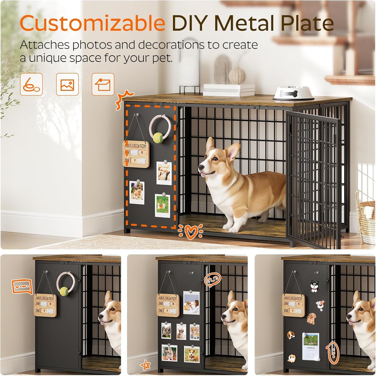 Foldable Dog Crate Furniture, Dog Crate with DIY Frame, Heavy Duty Dog Kennel Indoor with Hooks, Wooden Dog Cage End Table, for Small/Medium Dogs, White and Walnut DC95WH