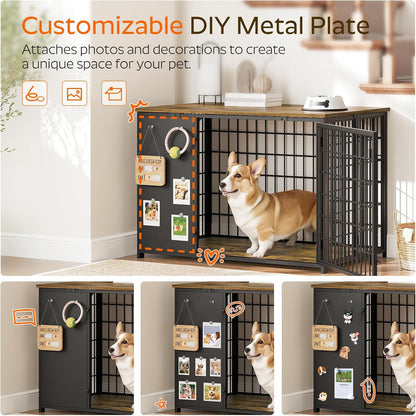 Foldable Dog Crate Furniture, 47.2" Dog Crate with DIY Frame, Heavy Duty Dog Kennel Indoor with Hooks, Wooden Dog Cage End Table, for Small/Medium/Large Dogs, Rustic Brown DC120BR