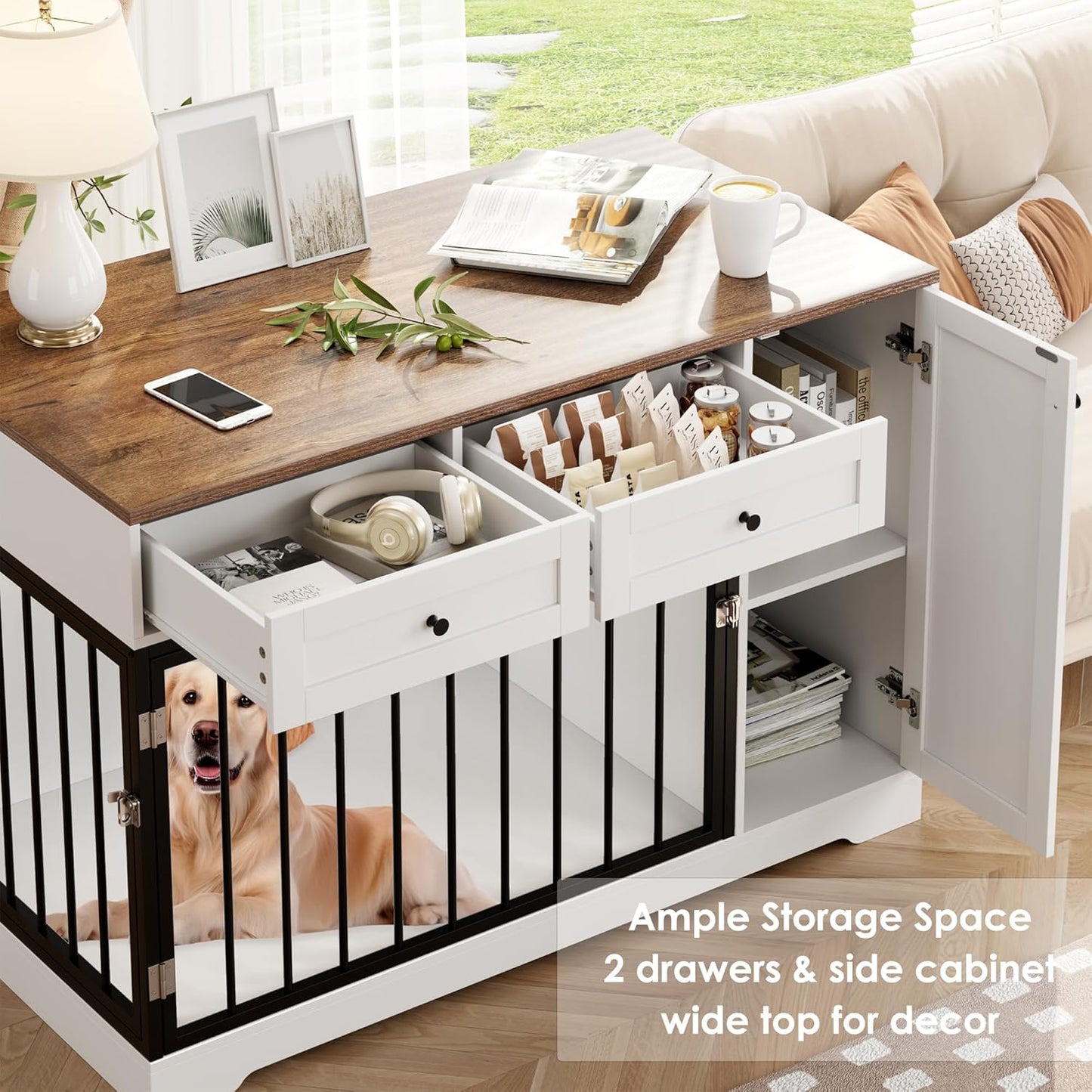 Dog Crate Furniture Kennel with Double Doors Wooden Pet House with 2 Drawers and Storage Cabinet, Indoor Dog Cage Farmhouse Modern Side End Table for Small Medium Dogs, Rustic