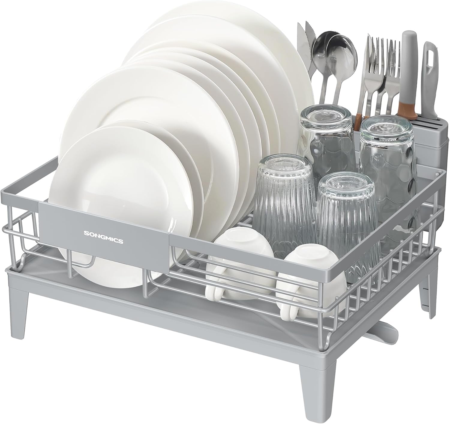 Dish Drying Rack, Kitchen Dish Rack, with Drainboard, 360° Rotatable and Extendable Spout, with Cutlery Holder, 12.2 X 16.5 X 7.3 Inches, Dove Gray UKCS550G01