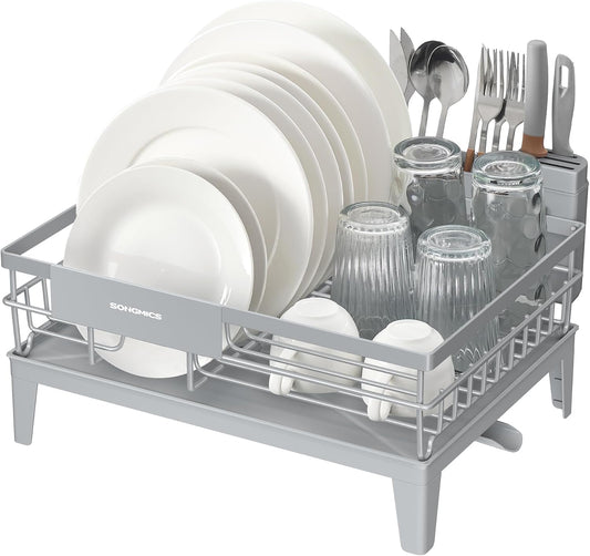 Dish Drying Rack, Kitchen Dish Rack, with Drainboard, 360° Rotatable and Extendable Spout, with Cutlery Holder, 12.2 X 16.5 X 7.3 Inches, Dove Gray UKCS550G01