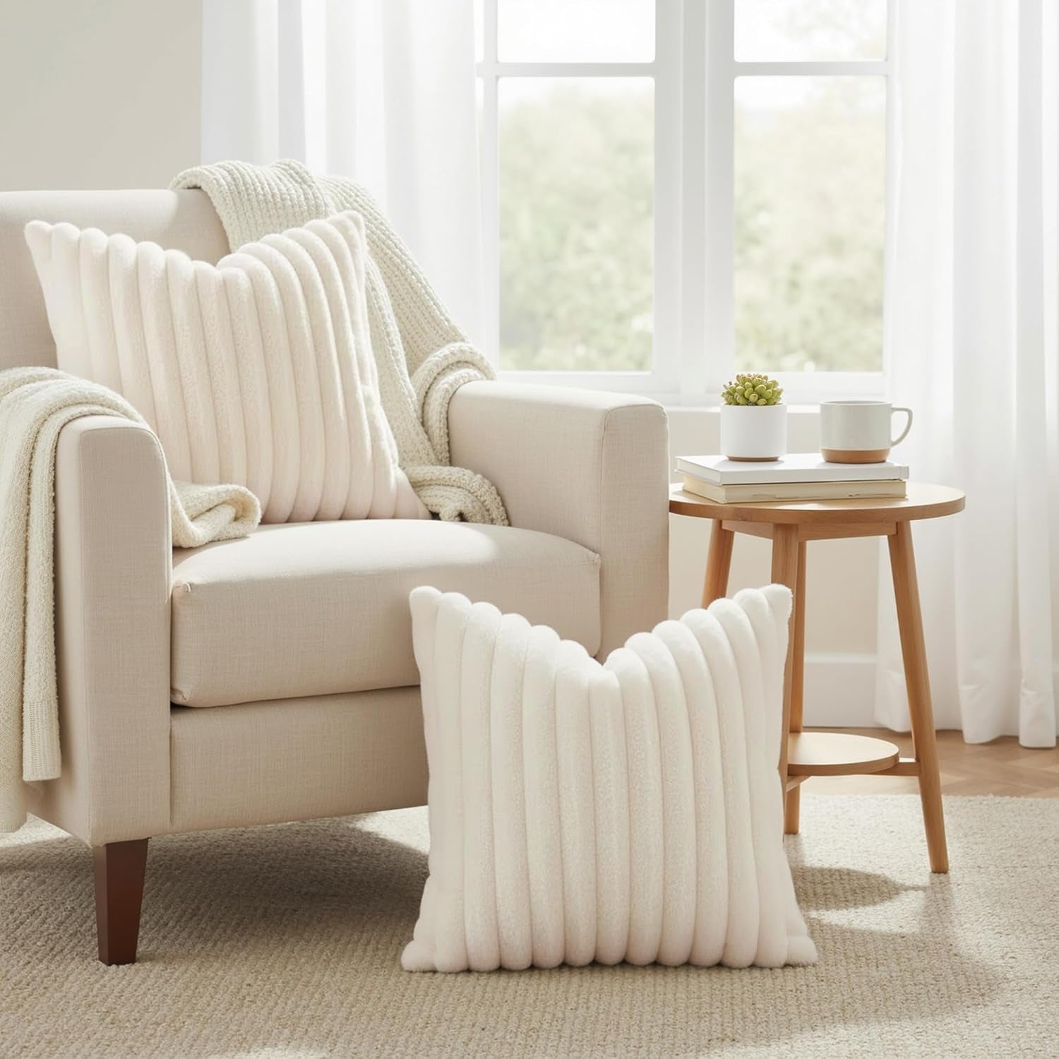 Faux Fur Spring Throw Pillow Covers 18X18 Set of 2, Decorative Soft Plush Striped Neutral Couch Euro Pillow Covers with Velvet Back for Sofa, Bed, Living Room Home Decor, Cream White