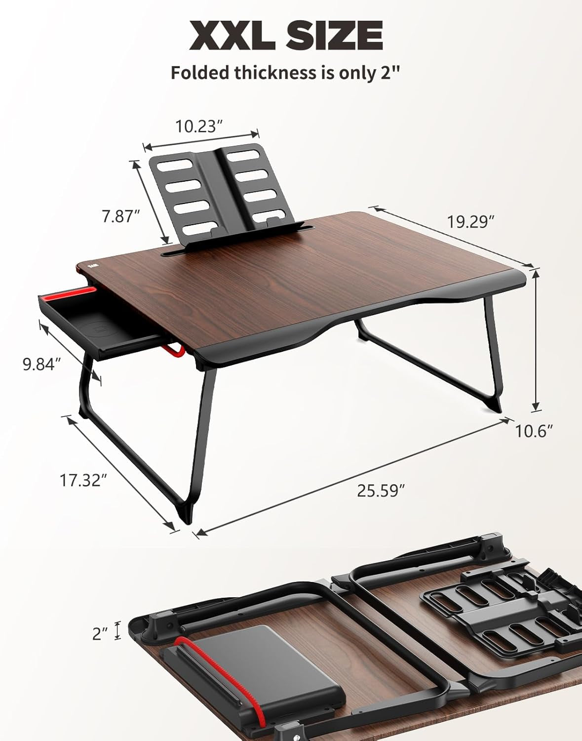 Laptop Desk for Bed,  Xx-Large Foldable Bed Tray Table for Eating Breakfast, Writing, Working, Gaming, Drawing with Storage Drawer, Handrest Bookstand, Tablet Stand, Phone Stand(Black Cherry)