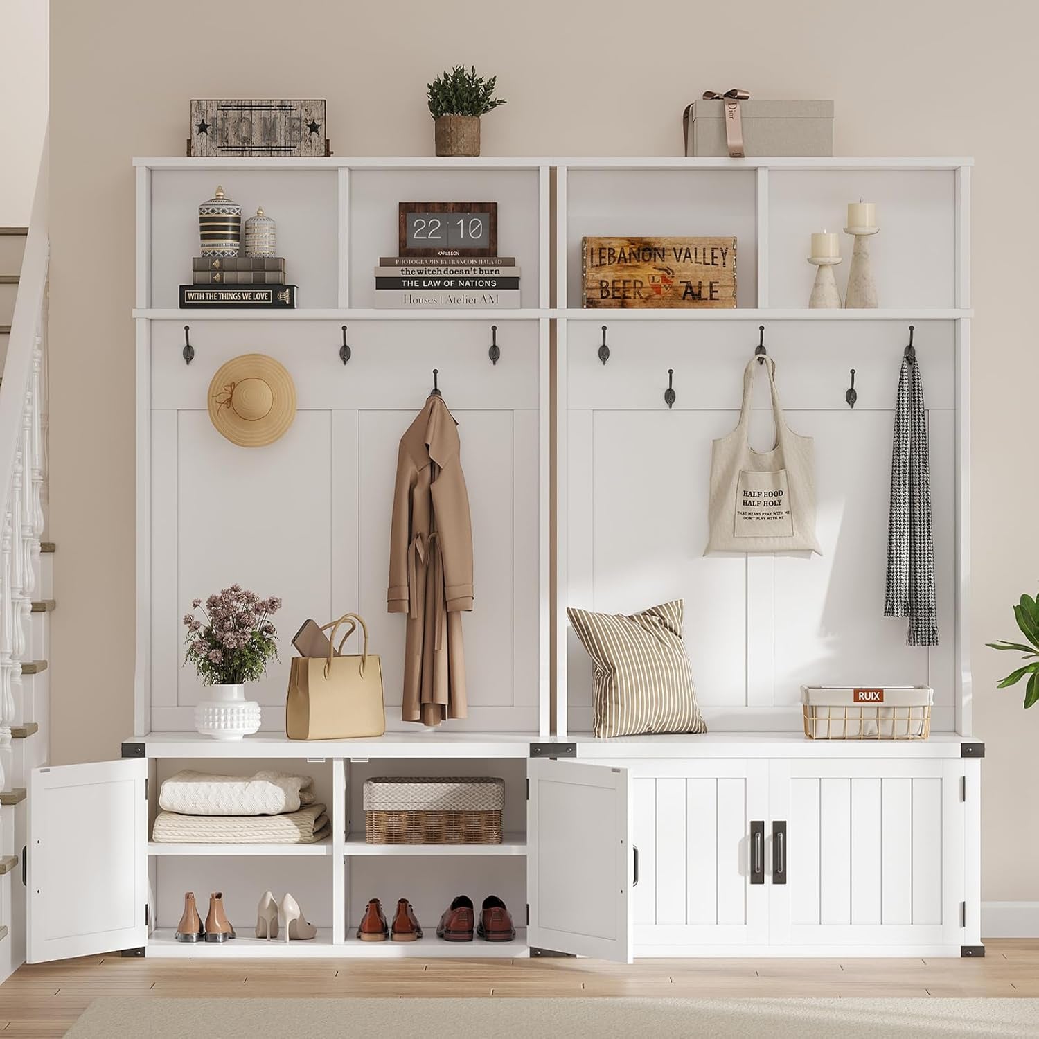 76" Hall Tree with Bench and Shoe Storage, Farmhouse 4-In-1 Entryway with Coat Rack & 5 Tri-Hooks, Adjustable Shelf, White Mudroom Bench with Storage Seating, Space Saving, White