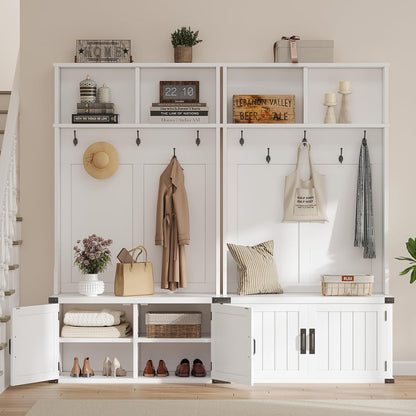 76" Hall Tree with Bench and Shoe Storage, Farmhouse 4-In-1 Entryway with Coat Rack & 5 Tri-Hooks, Adjustable Shelf, White Mudroom Bench with Storage Seating, Space Saving, White
