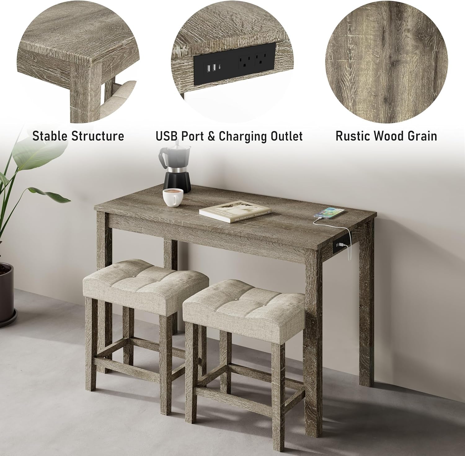3-Piece Counter Height Bar Table Set with Socket and 2 Fabric Padded Bar Stools, Tall Kitchen Breakfast Dining Table Set with Stools (1+2 Natural)