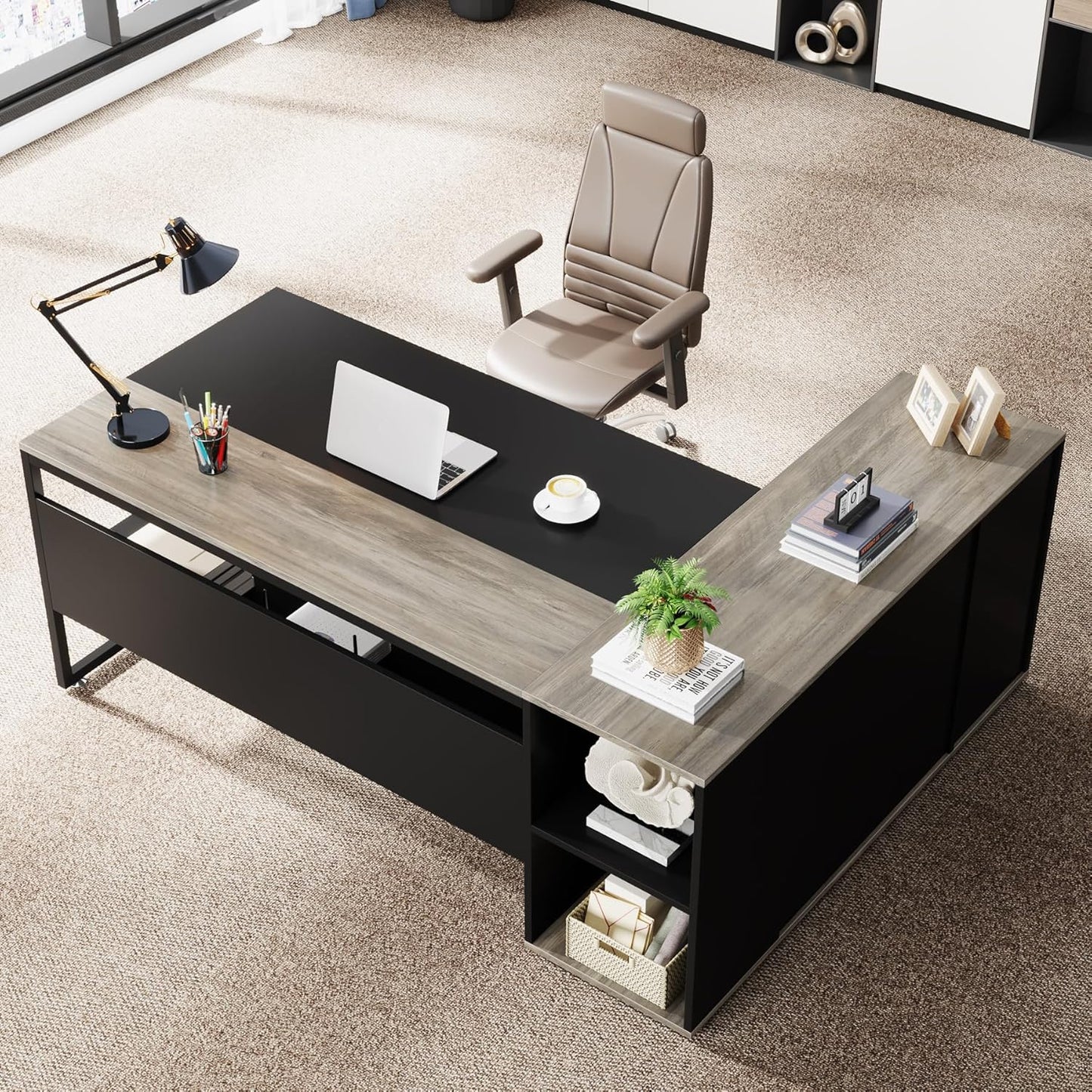71 Inch Executive Desk, L Shaped Desk with Cabinet Storage, Executive Office Table with Shelves, Business Furniture Set Workstation for Home Office, Gray