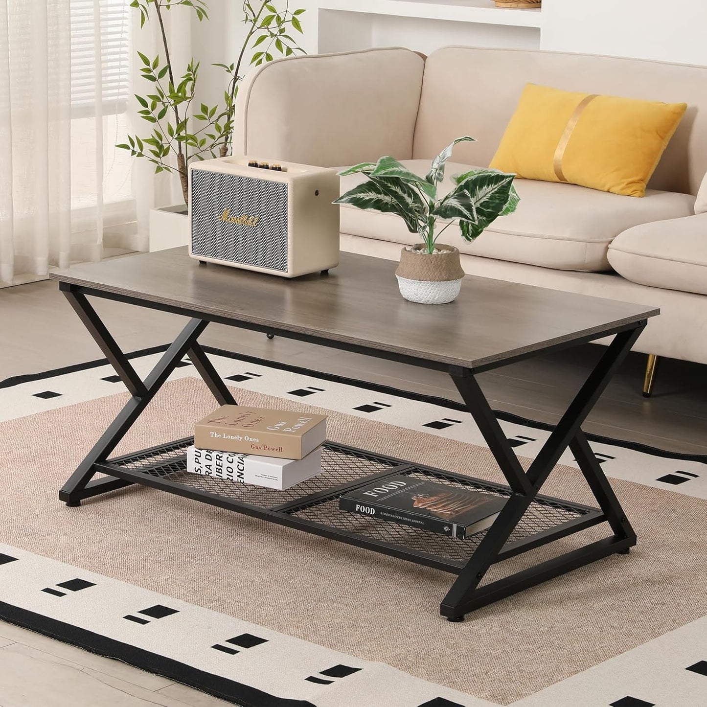 Coffee Table with Storage Shelf, Industrial Metal Wood Living Room Tables, Rectangle Center Table 39 Inch, Vintage Simple 2 Tier Cocktail Table, Grey