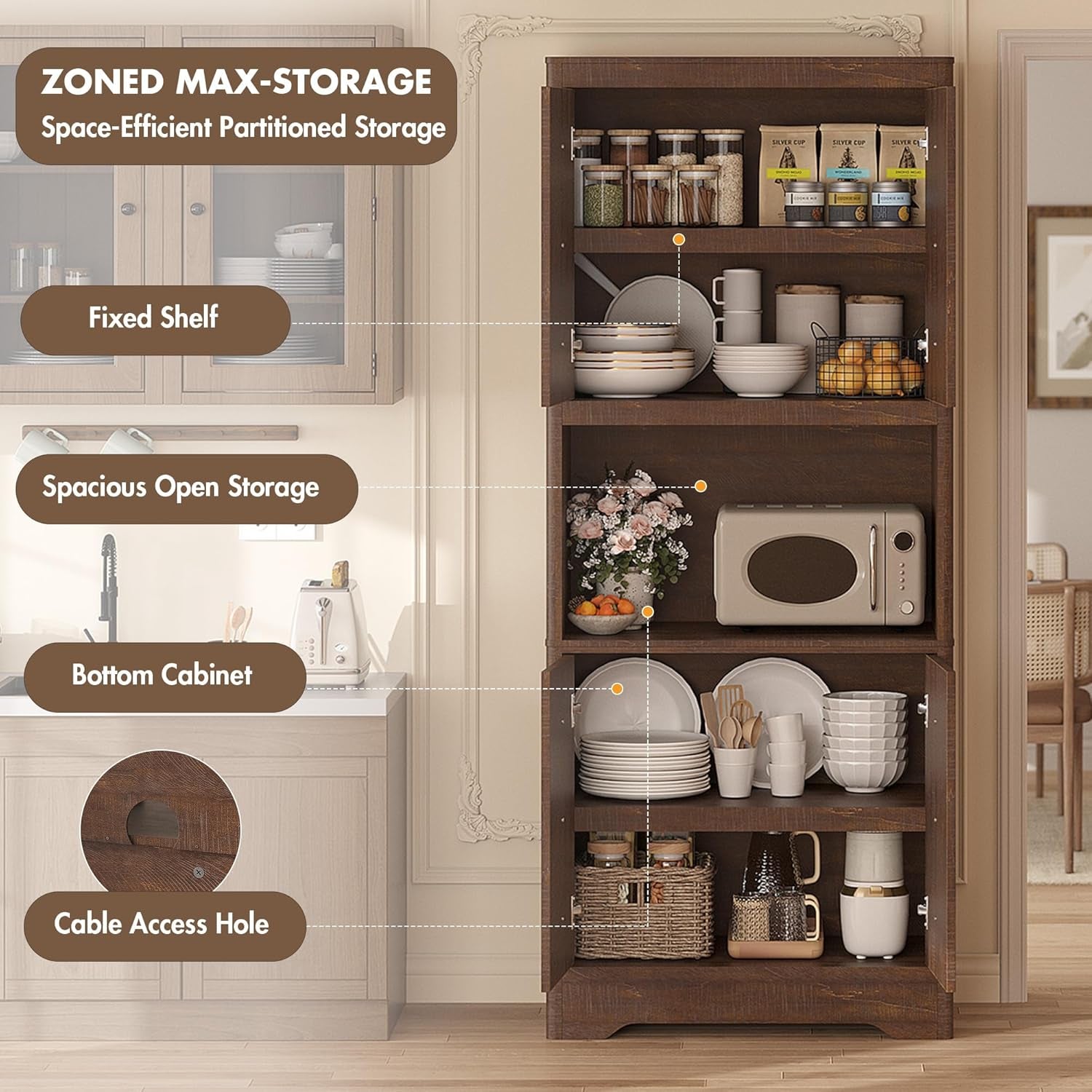 72" Tall Pantry Cabinet, Kitchen Hutch Storage Cabinet with Countertop for Microwave, Freestanding Wooden Cupboard with Carved Door & Crystal Handle, for Dining Room, Living Room, Reddish Brown