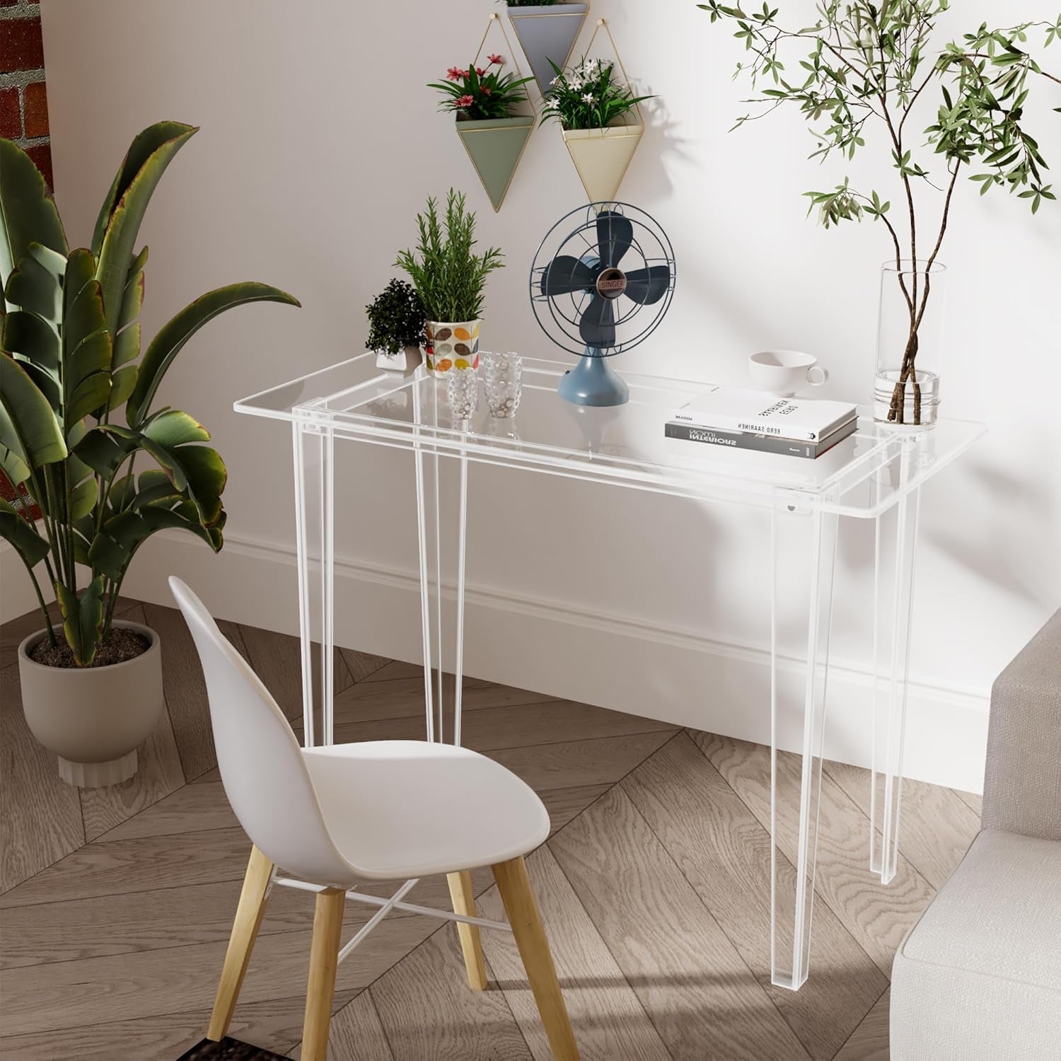 Acrylic Desk - Clear Acrylic Table, Modern Home Office Study Table, Extended Surface Multi-Purpose Console, Sturdy Lightweight Workstation for Small Spaces (Transparent-L)