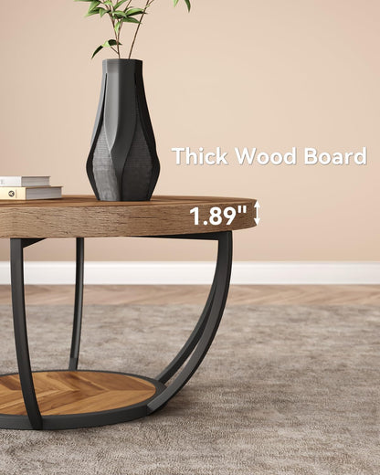 round Coffee Table, 32" Circle Coffee Table for Living Room, 2-Tier Wood Accent Center Table with Open Storage Industrial Design Home Furniture (Wood Grain and Black)