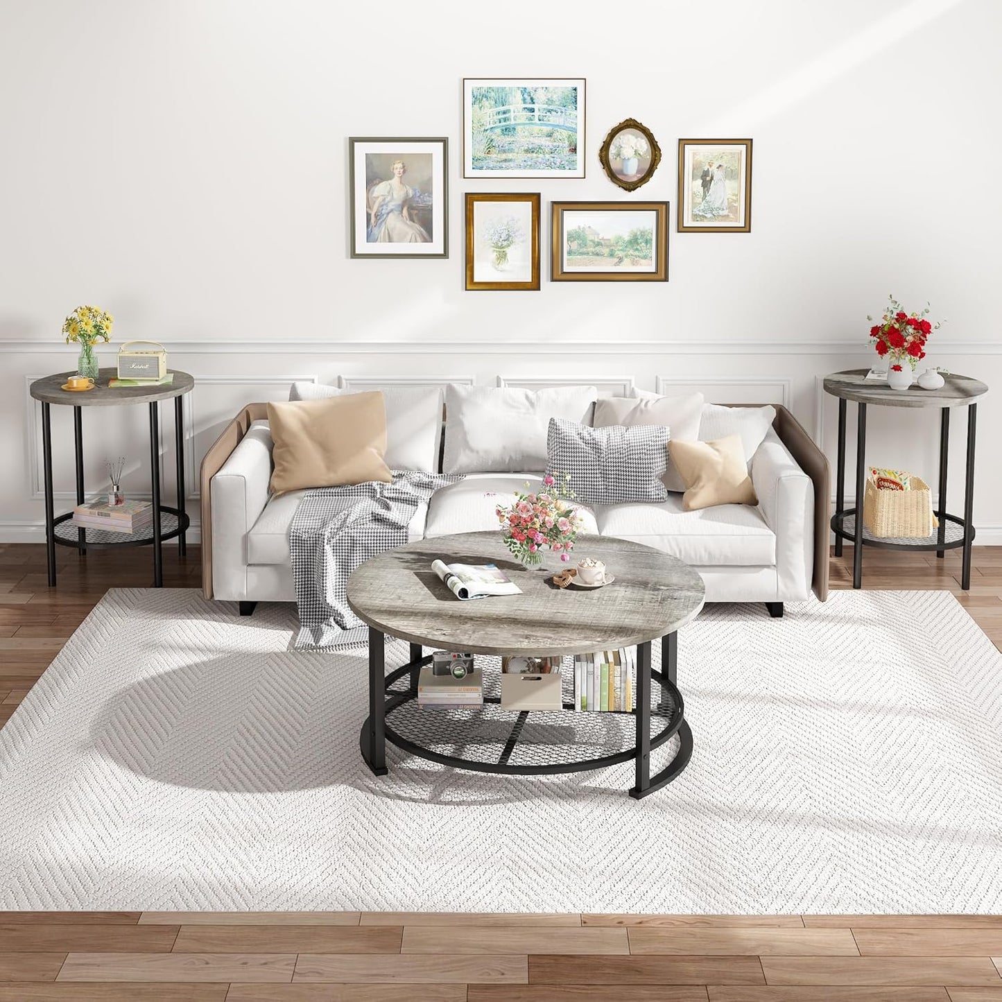 Living Room Coffee and End Table Sets, Wooden Modern Rustic Center Table with Two Side Tables, 3 Piece Living Room Coffee Table Set with Storage for Living Room, Apartment (Grey)