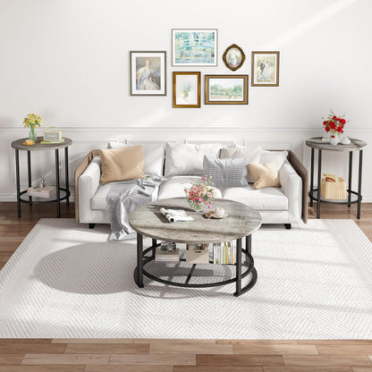 Living Room Coffee and End Table Sets, Wooden Modern Rustic Center Table with Two Side Tables, 3 Piece Living Room Coffee Table Set with Storage for Living Room, Apartment (Grey)