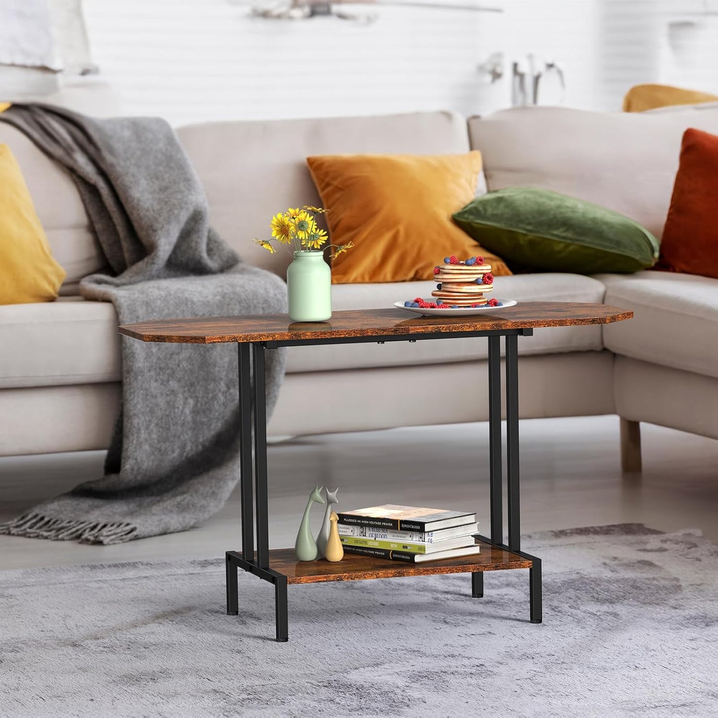 Rustic Coffee Table 2-Tier Wood Tea Table Coffee Tables for Living Room Industrial Rectangle Coffee Table for Large or Small Spaces Center Table with Storage Shelf, Brown