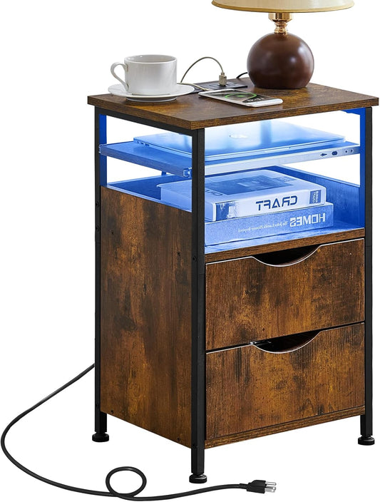 End Table with Charging Station, Narrow Side Table with 2 Drawers, Nightstand with 7 Color LED Light, Slim Bedside Table for Bedroom, Living Room, Small Spaces, Brown