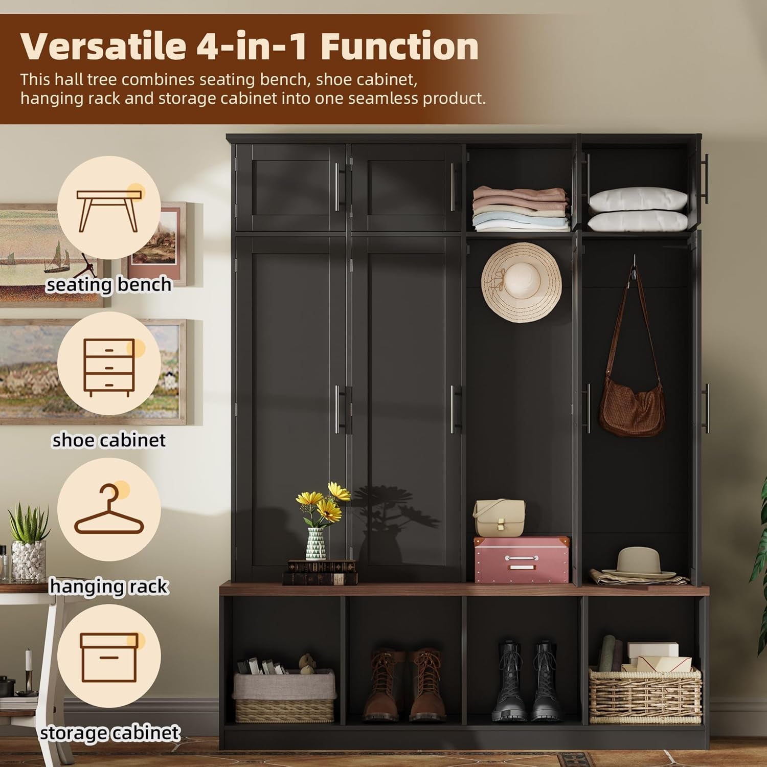 Hall Tree with Entryway Bench and Shoe Cabinet, Multi-Functional Seating Bench with 4 Hanging Hooks and 8 Doors, Black