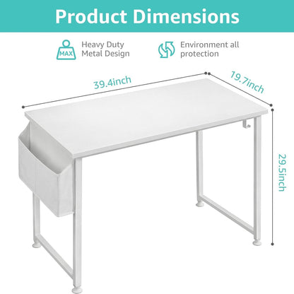 White Computer Desk for Bedroom - 40 Inch Simple Modern Study Table Kid Girls Student Home Office Writing Desk, White