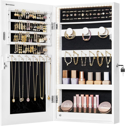 Mirror Jewelry Cabinet Armoire with Built-In LED Lights, Wall or Door Mounted Jewelry Storage Organizer, 3.8 X 14.6 X 26.4 Inches Hanging Mirror Cabinet, Gift Idea, White UJJC050W01