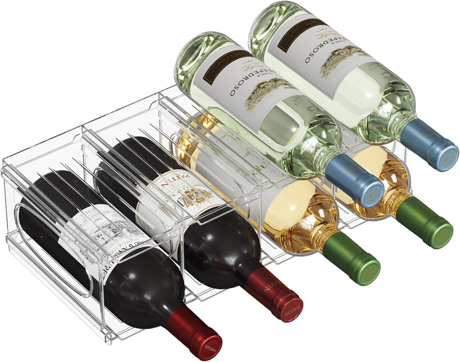 Wine Rack for Fridge, Stackable Wine Bottle Holder with Sturdy Support Insert & Reinforced Design, Plastic Bottle Organizer for Refrigerator, Cabinet & Pantry, Clear, Holds 8 Bottles