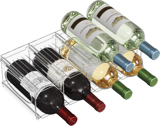 Wine Rack for Fridge, Stackable Wine Bottle Holder with Sturdy Support Insert & Reinforced Design, Plastic Bottle Organizer for Refrigerator, Cabinet & Pantry, Clear, Holds 8 Bottles