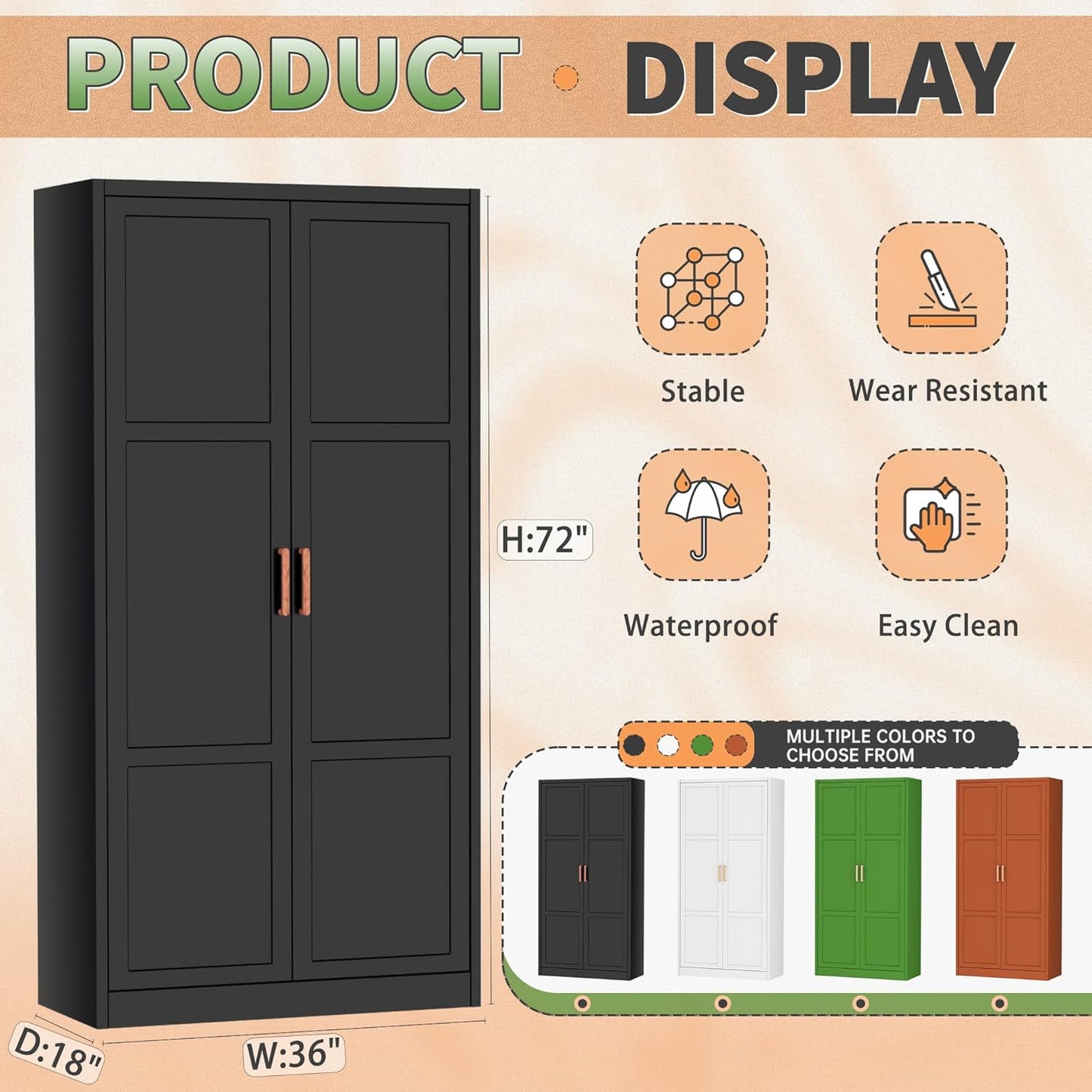 Metal Wardrobe Cabinet with Wooden Handle, 72" Black Metal Wardrobe Closet with Hanging Rods and Adjustable Shelves, Clothing Storage Closet Cabinet for Bedroom, Cloak Room, Laundry Room