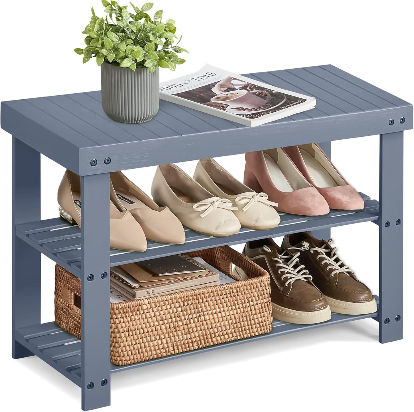 Shoe Rack Bench, 3-Tier Bamboo Shoe Storage Organizer, Entryway Bench, Holds up to 286 Lb, 11.3 X 27.6 X 17.8 Inches, for Entryway Bathroom Bedroom, Ink Black ULBS04H