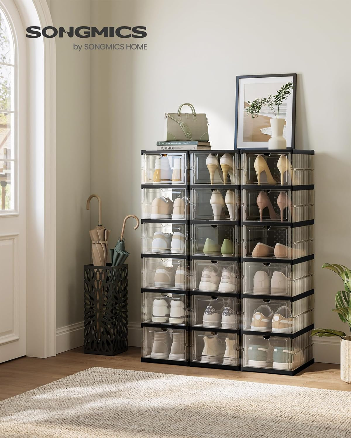 Foldable Shoe Boxes, Pack of 18 Stackable Shoe Storage Organizer, Set of 3 Integraed Shoe Cabinets, Portable, Fit up to US Size 13, 60S Assembly, Transparent and Ink Black ULSP207B01