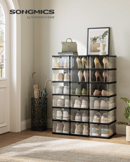 Foldable Shoe Boxes, Pack of 18 Stackable Shoe Storage Organizer, Set of 3 Integraed Shoe Cabinets, Portable, Fit up to US Size 13, 60S Assembly, Transparent and Ink Black ULSP207B01