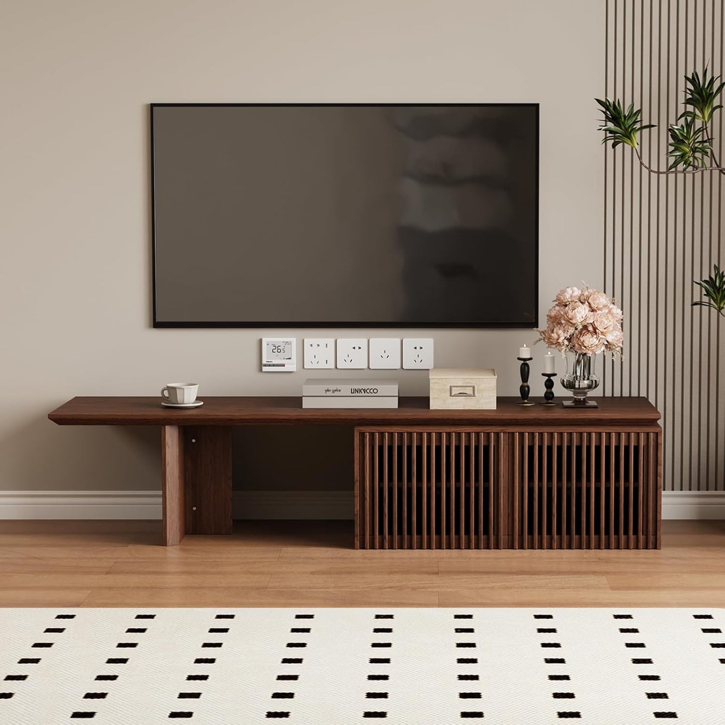 Extendable TV Stand with Storage and Shelves, Wood Entertainment Center for 55+ Inch TV, Modern TV Console, Minimalist Media Console for Living Room, Bedroom-Walnut (Extendable: 78.7"-110")