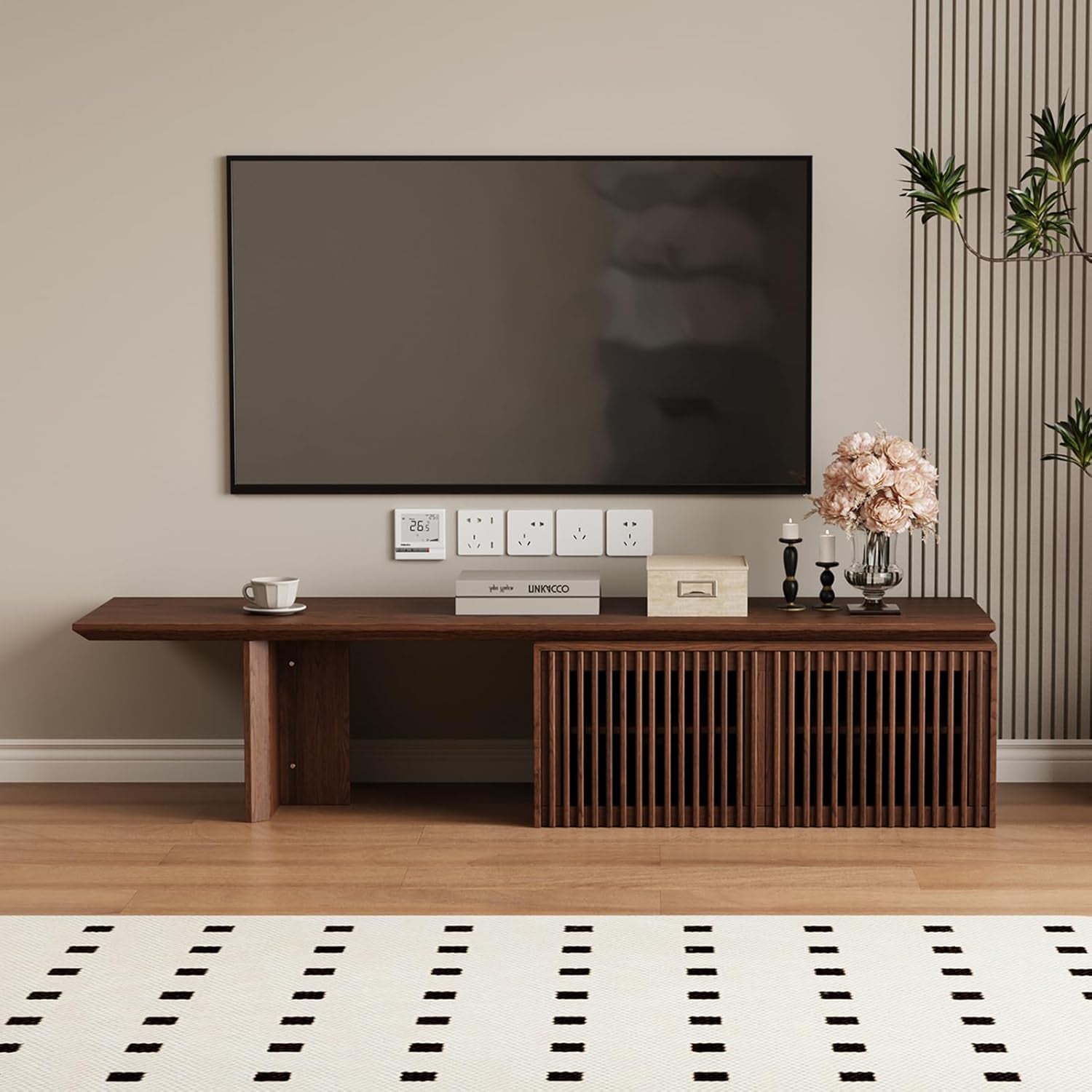 Extendable TV Stand with Storage and Shelves, Wood Entertainment Center for 55+ Inch TV, Modern TV Console, Minimalist Media Console for Living Room, Bedroom-Walnut (Extendable: 78.7"-110")