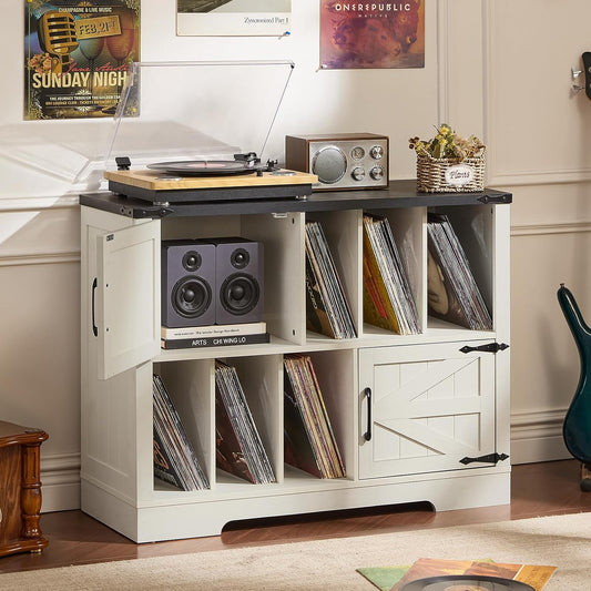 Large Record Player Stand with Vinyl Storage up to 450 Albums, 39 Inch Farmhouse Rustic Wood White Storage Cabinet with Barn Doors, Vintage Mid-Century Turntable Stand for Bedroom, Living Room