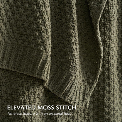 Chunky Chenille Knit Throw Blanket for Couch, Soft Luxurious Moss Stitch Blankets for Bed, Cozy Decorative Farmhouse Knitted Throws for Sofa, Olive Green, 50" X 60"