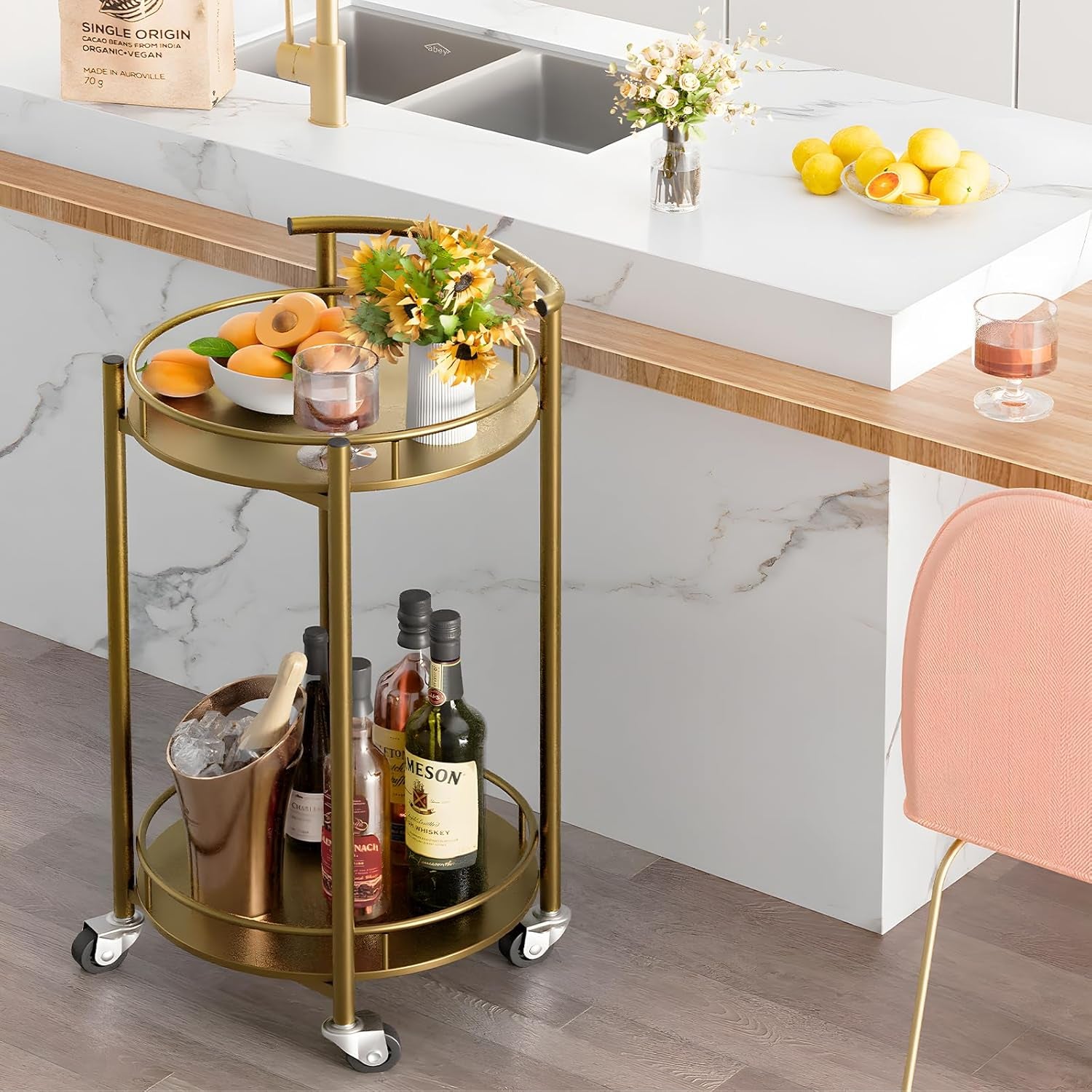 Bar Cart Gold Rolling Cart for Home,2 Tiers Bar Serving Cart round Wine Cart with Handle, Metal Wine Rack and Casters, Serving Bar Trolley for Home Kitchen,Living Room,Christmas,New Year