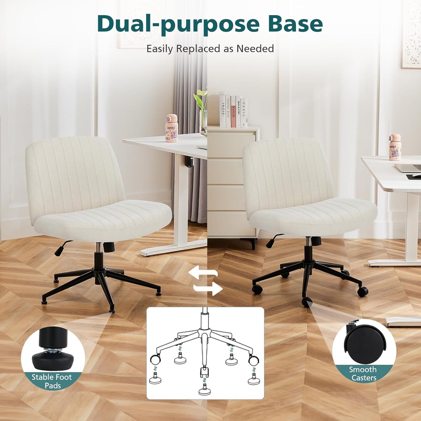 Criss Cross Chair with Wheels Wide Cross Legged Office Desk Vanity Chair Comfy Fabric Armless Adjustable Swivel for Home Computer Task Fabric Beige