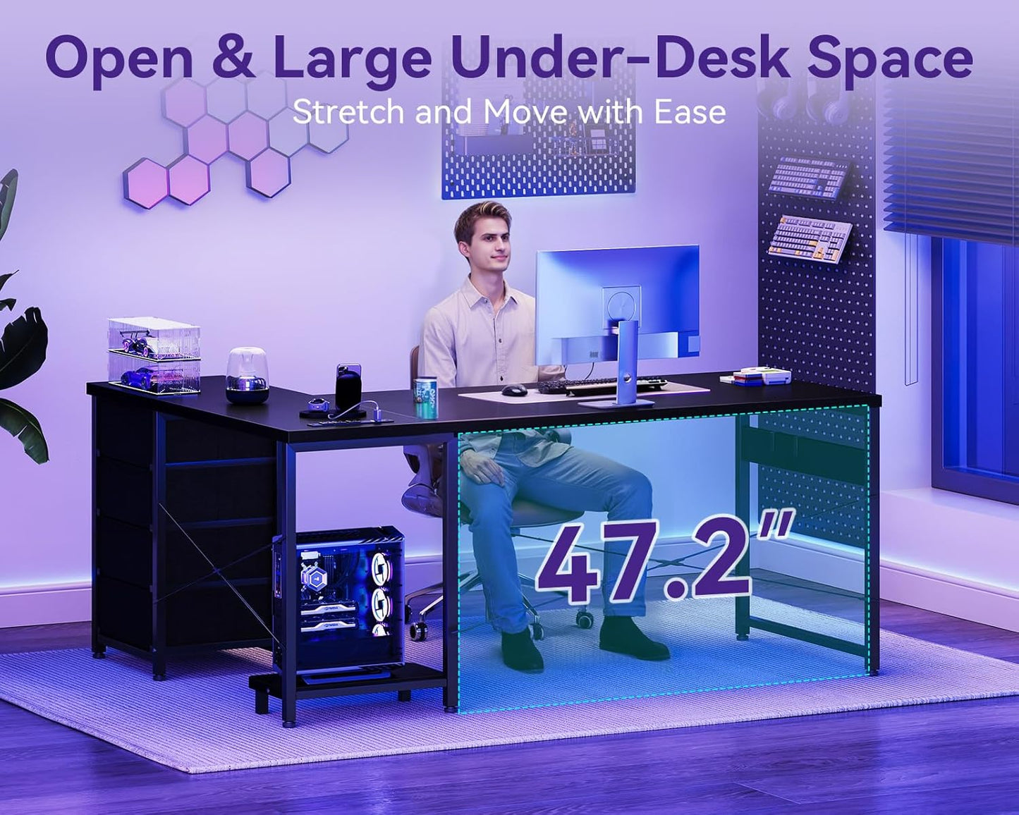 L Shaped Gaming Desk with 4 Drawers, 61" Reversible Home Office Desks with Power Outlets, L Shaped Computer Desk with USB Charging Port and Host Stand, Corner Desk, Easy to Assemble, Black