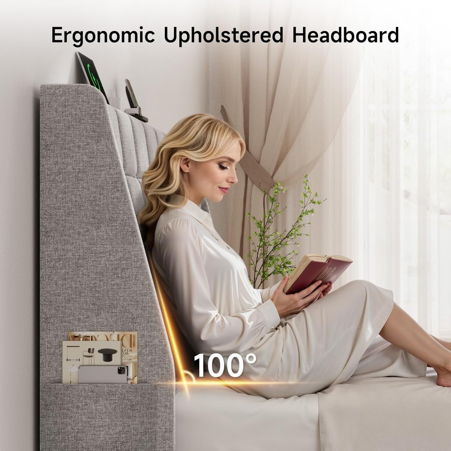 Ergonomic Upholstered Headboard Queen Size W/Charging Station, Linen Wingback Headboards W/Storage Pocket, Queen Headboard Only, Bed Frame Adapters, Sturdy Stable Solid Wood Bed Head Board, Light Grey