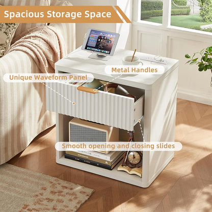 Fluted Nightstand with Charging Station, 23" Wide 1 Drawers End Table,White Night Stand with Open Storage Cabinet, Farmhouse Bed Side Tables, Wood Dresser for Bedroom, Living Room, Closet